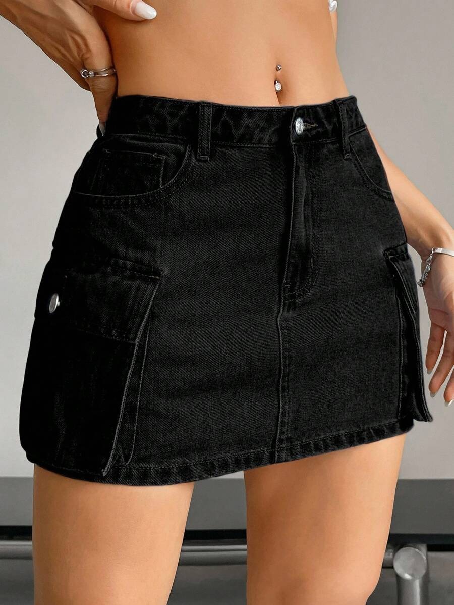 Nina Black Cotton Cargo Pockets Mini Skirt - Image 6