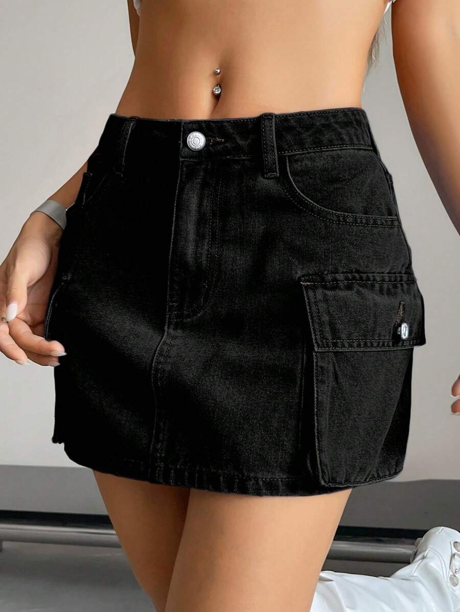 Nina Black Cotton Cargo Pockets Mini Skirt - Image 7