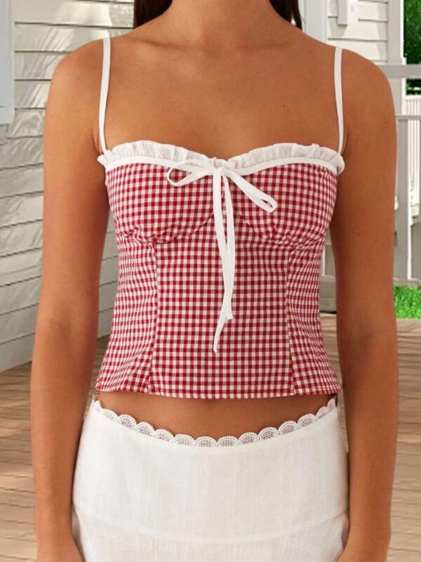 Natalie Red White Check Neck Tie Cami Crop Top