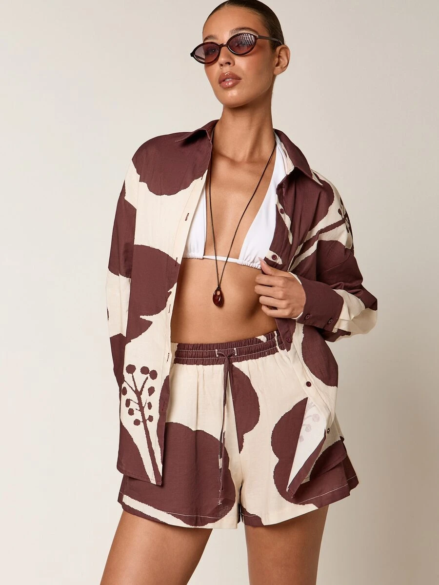 Kayla Brown Cream Floral Shirt Shorts Coord Set