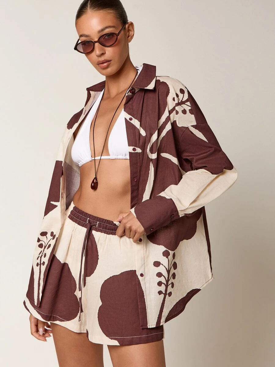 Kayla Brown Cream Floral Shirt Shorts Coord Set - Image 4