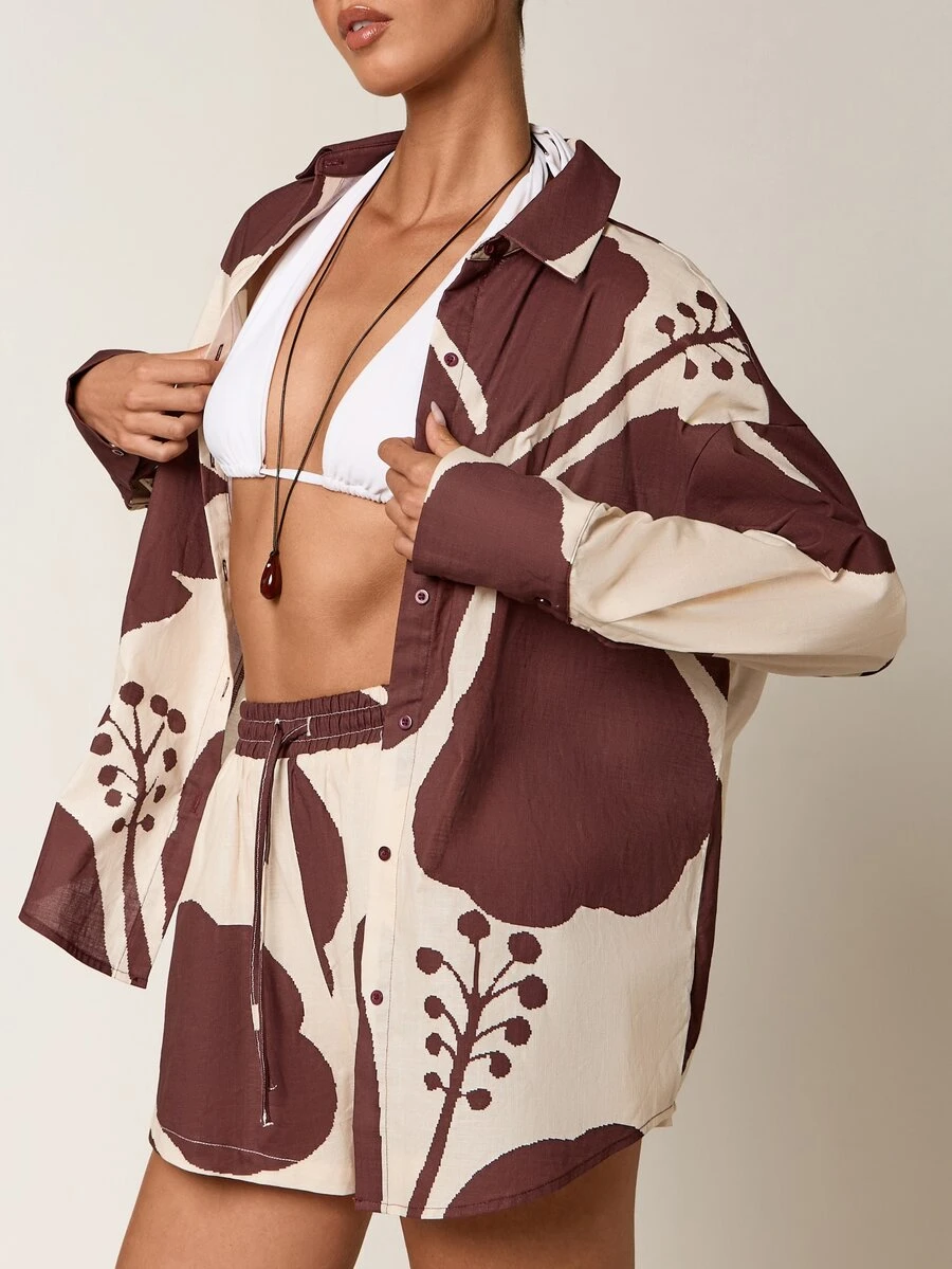 Kayla Brown Cream Floral Shirt Shorts Coord Set - Image 3