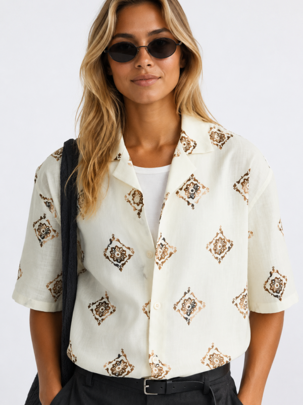 Minvi Creme Floral Print Relaxed Fit Cotton Shirt