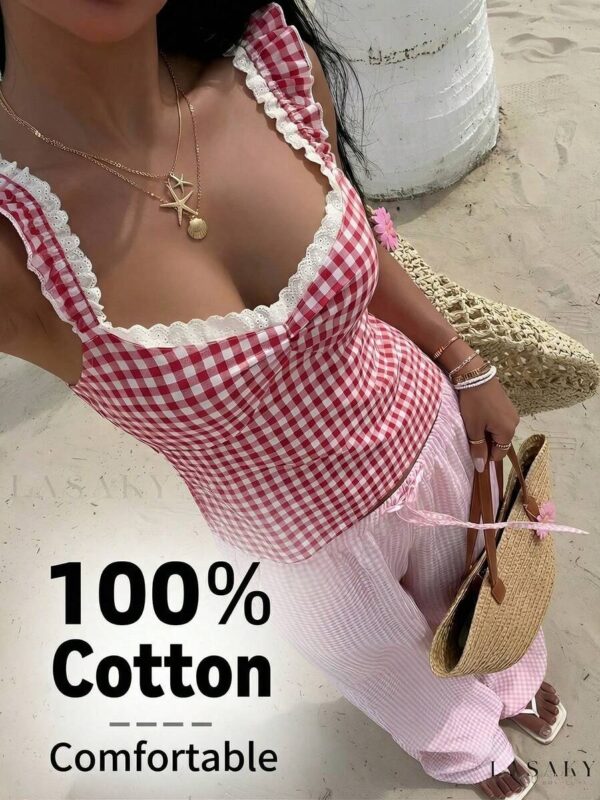 Dezy Red White Check Lace Back Tie Sleeveless Cotton Top