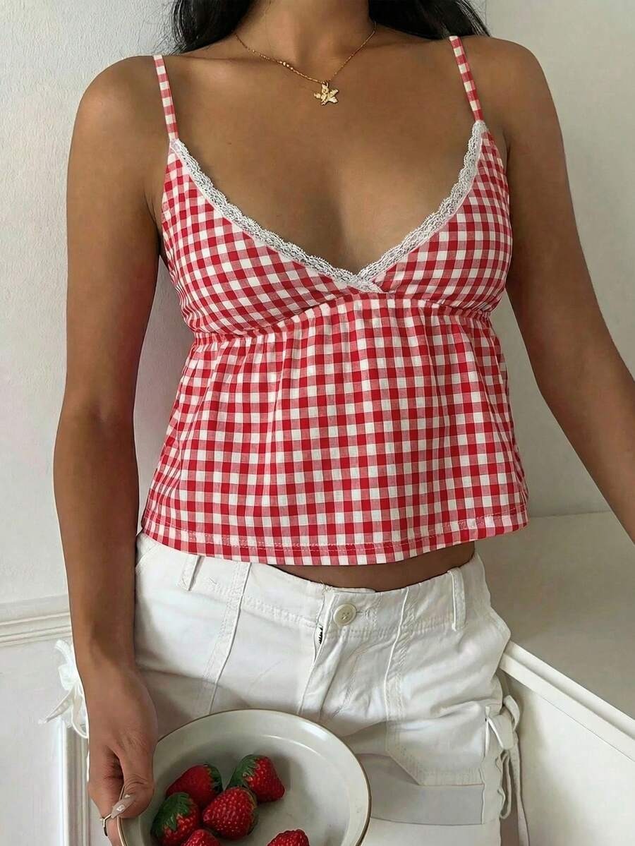 Joy Red White Check Cami Crop Top - Image 3