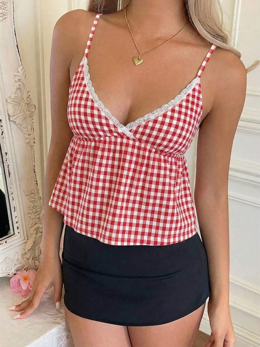 Joy Red White Check Cami Crop Top