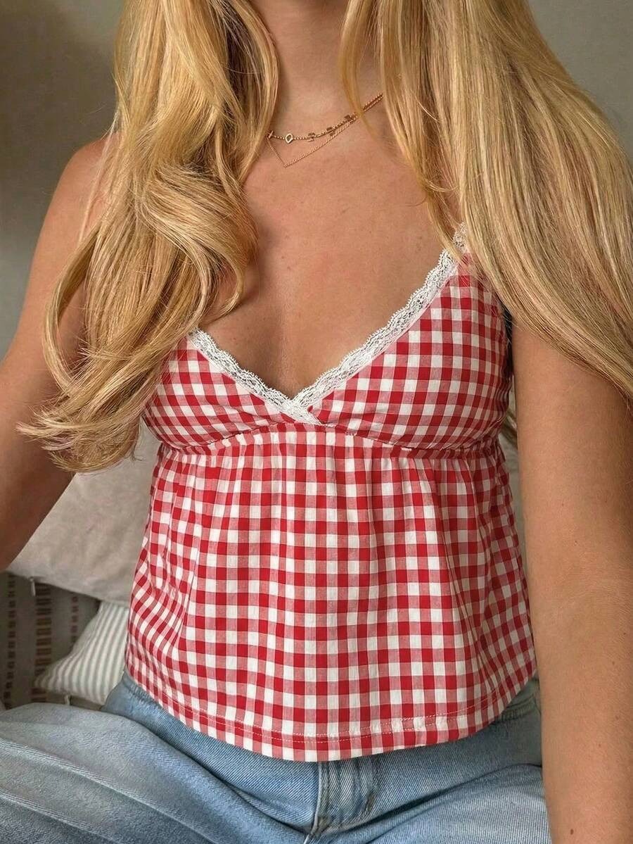 Joy Red White Check Cami Crop Top - Image 4