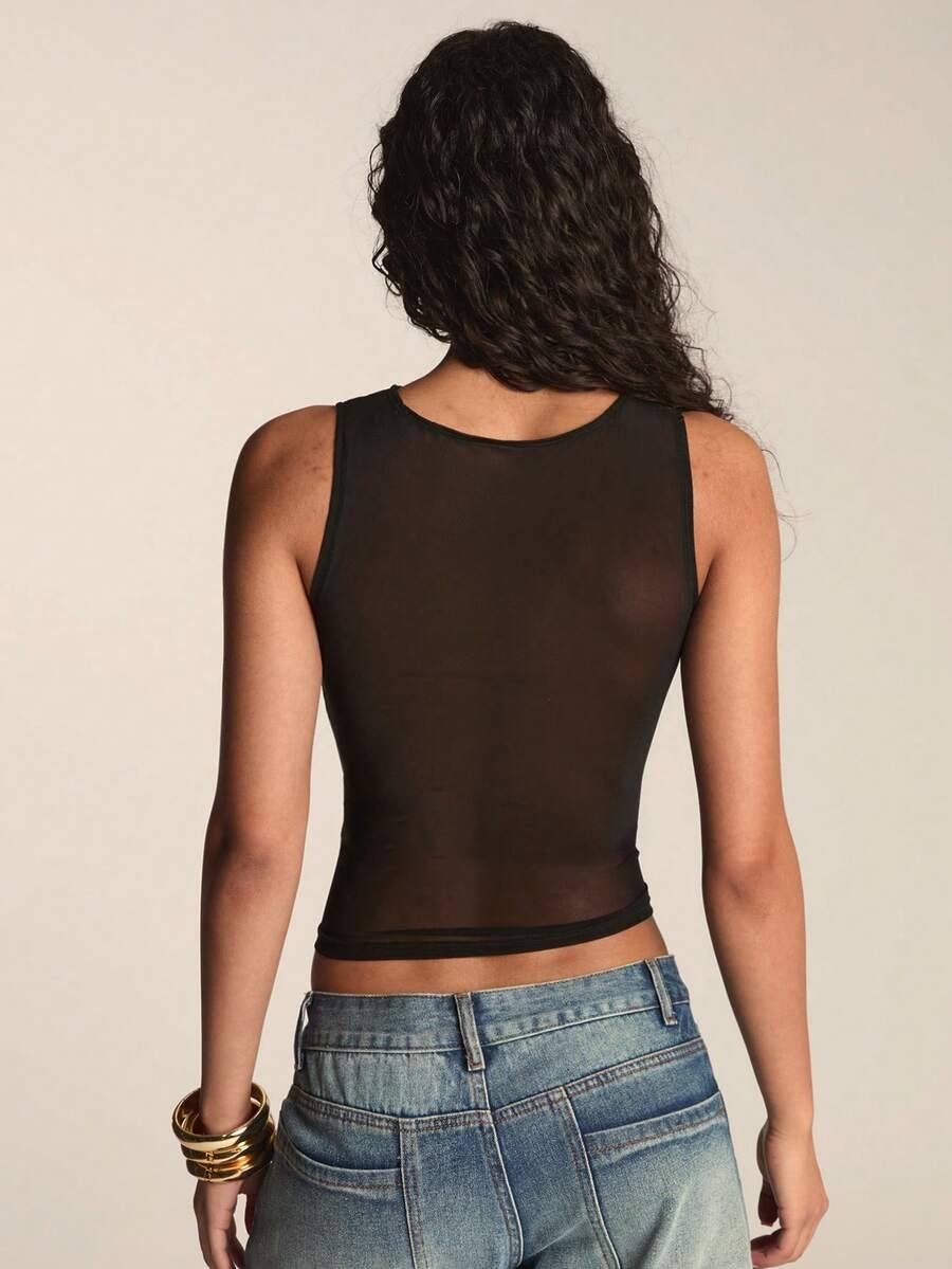Sally Black Sleeveless Mesh Crop Top - Image 3
