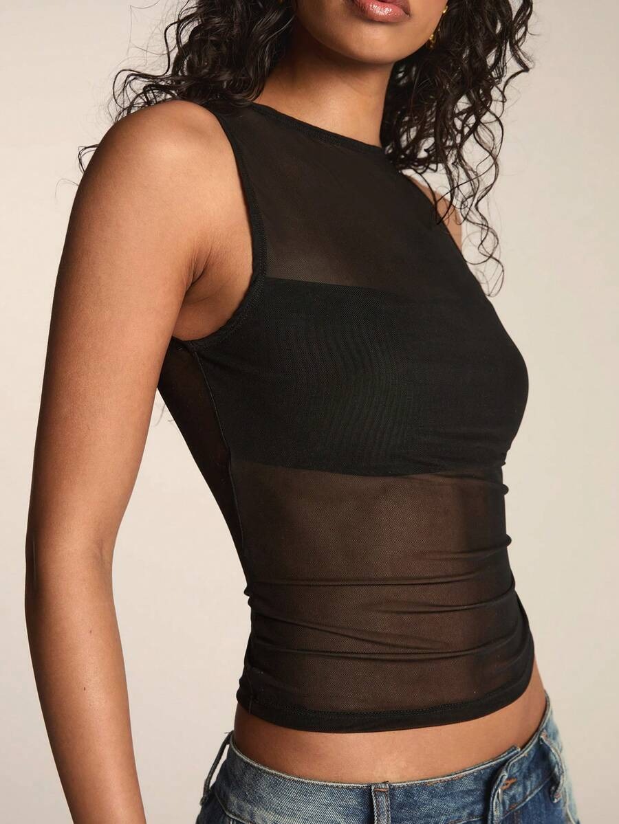 Sally Black Sleeveless Mesh Crop Top - Image 8